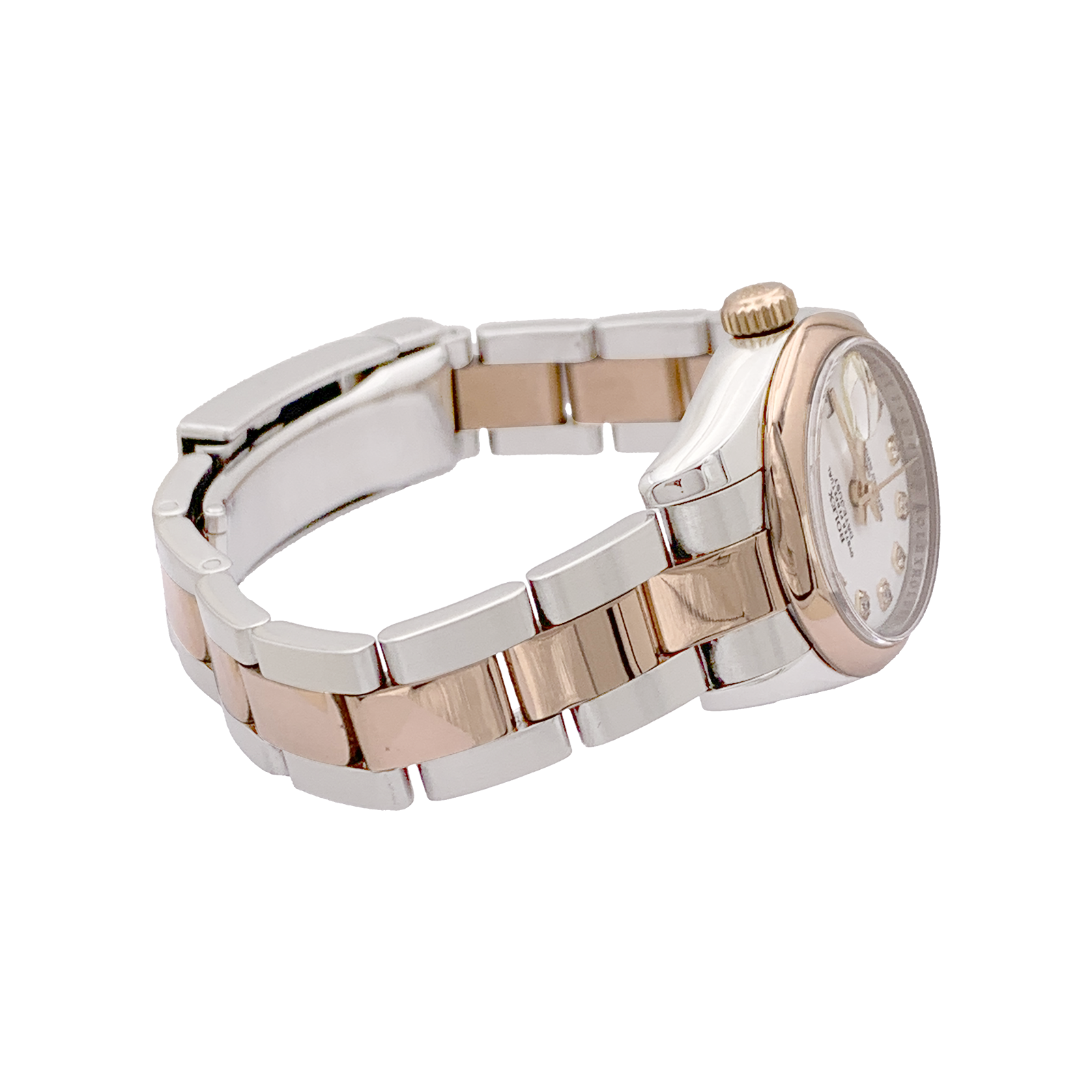 Montre Rolex, "Oyster Perpetual Datejust", or rose, acier, diamants. 4