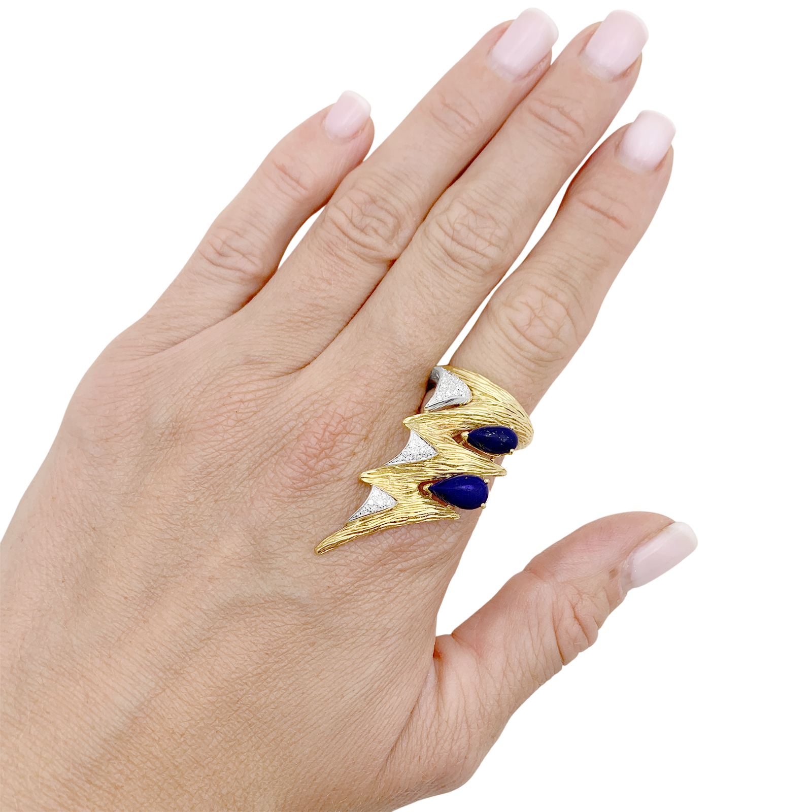 Bague "éclair" deux tons d'or 750/000, lapis lazuli et diamants. 6