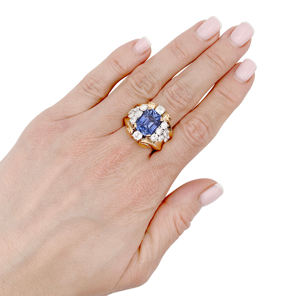Bague vintage saphir, diamants, or jaune et platine. 2