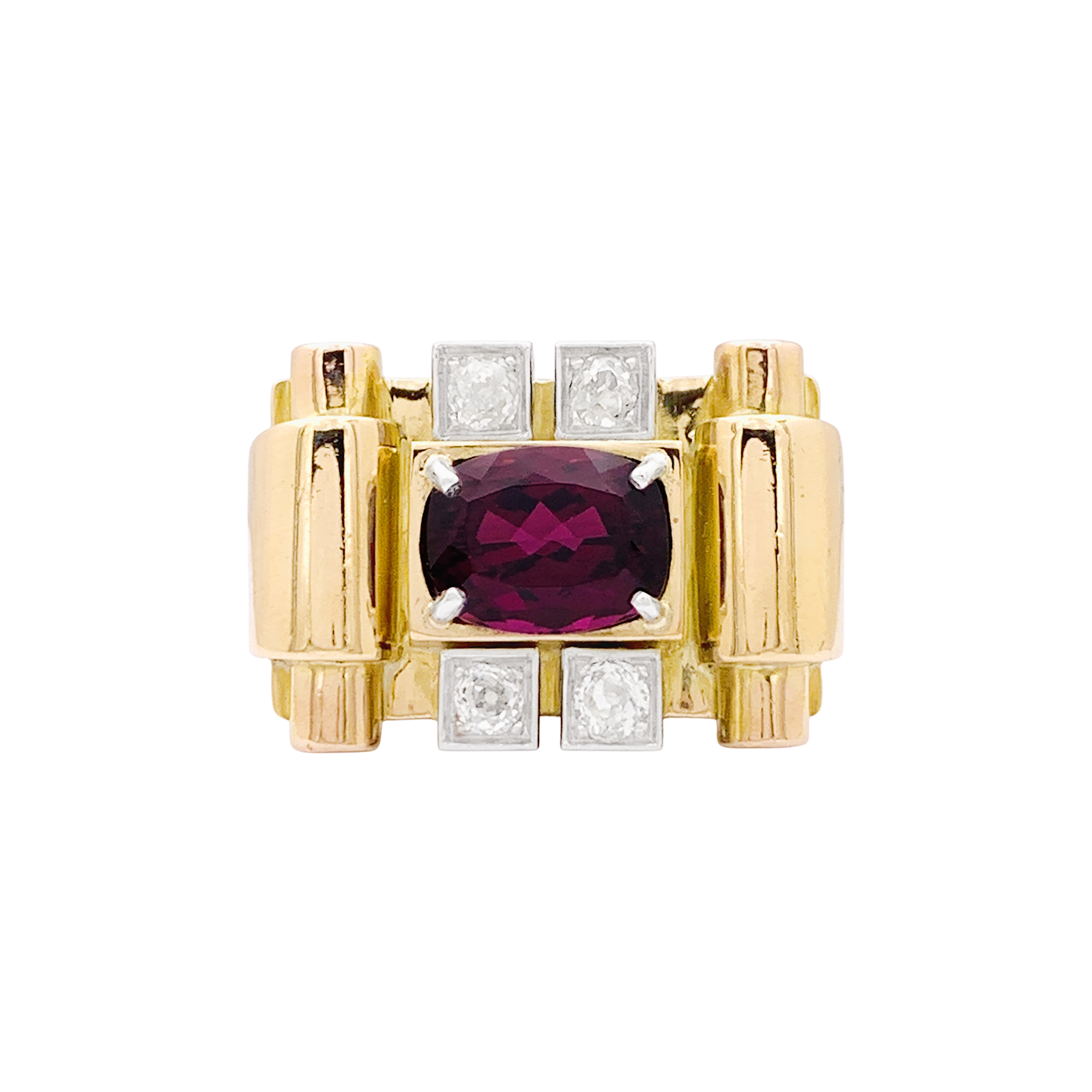 Bague "tank", deux tons d'or, grenat et diamants. 1