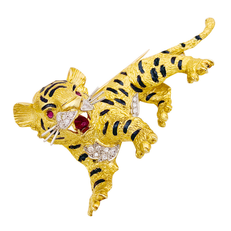 Broche Sanz, "Tigre", or jaune, diamants, rubis, émail. 2