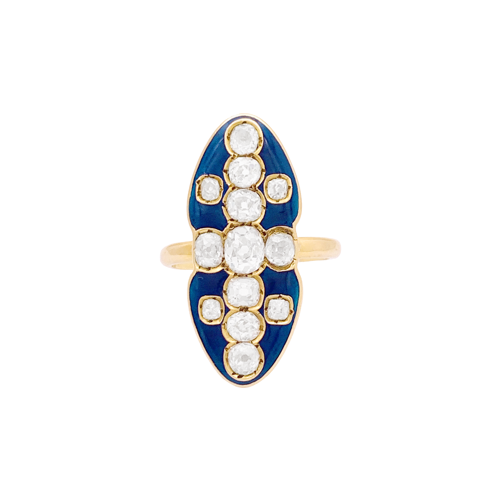 Bague "marquise" or jaune, diamants, émail.  1