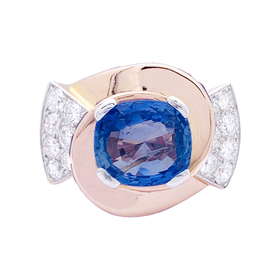 Bague Tank or rose, diamants, saphirs. 3