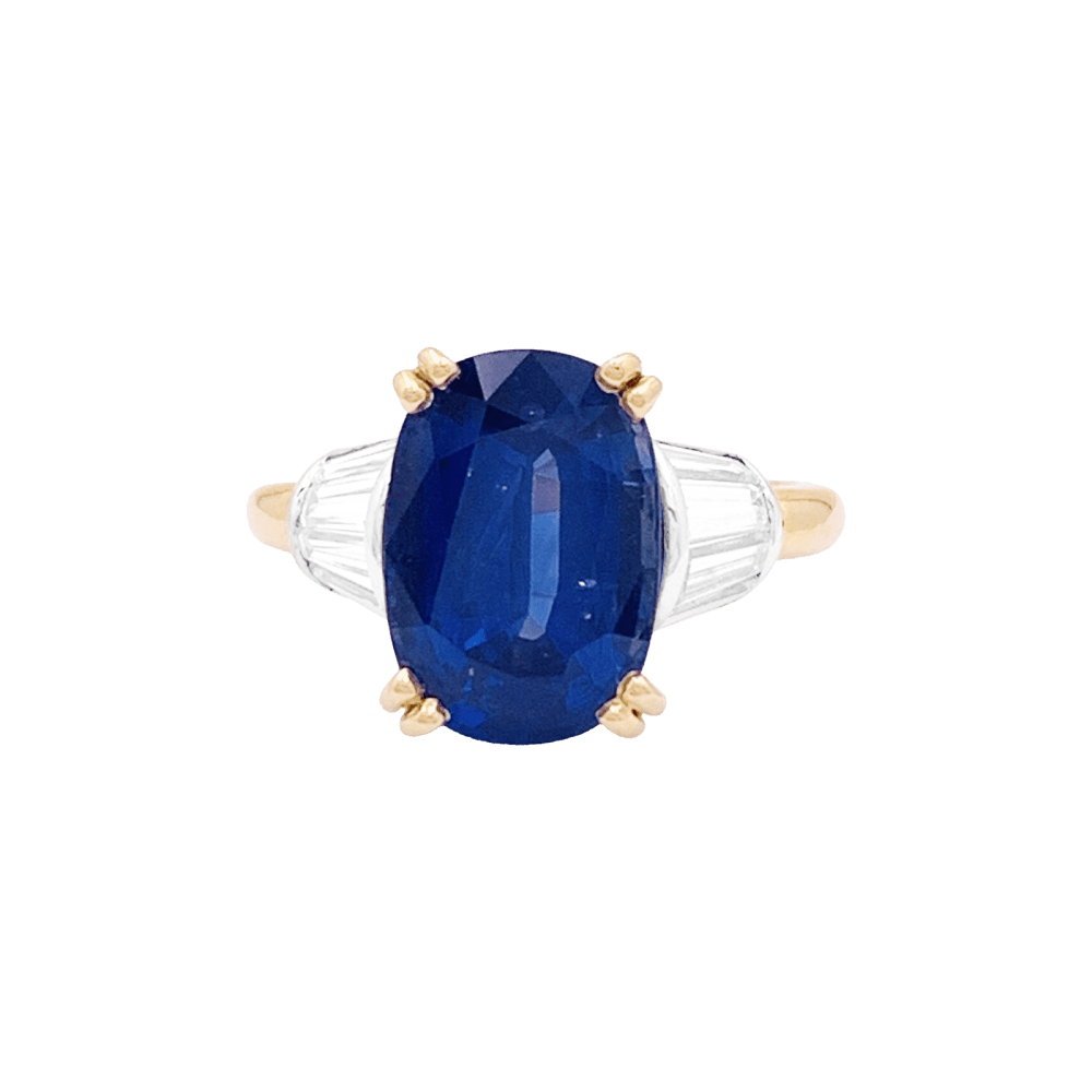 Bague saphir 5,86 cts, or jaune, platine, diamants. 1