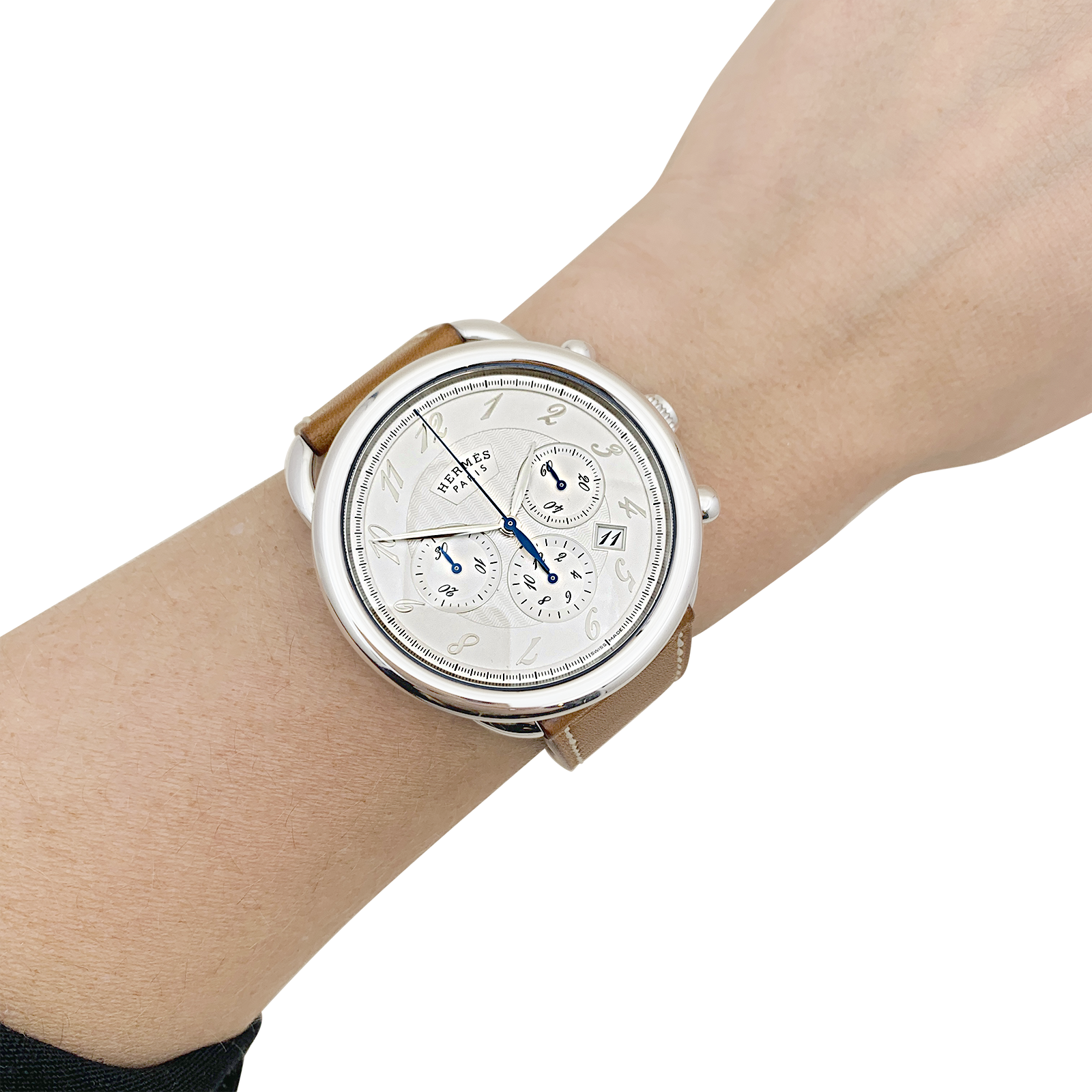 Montre Hermès, "Arceau Chronographe", acier, cuir. 5