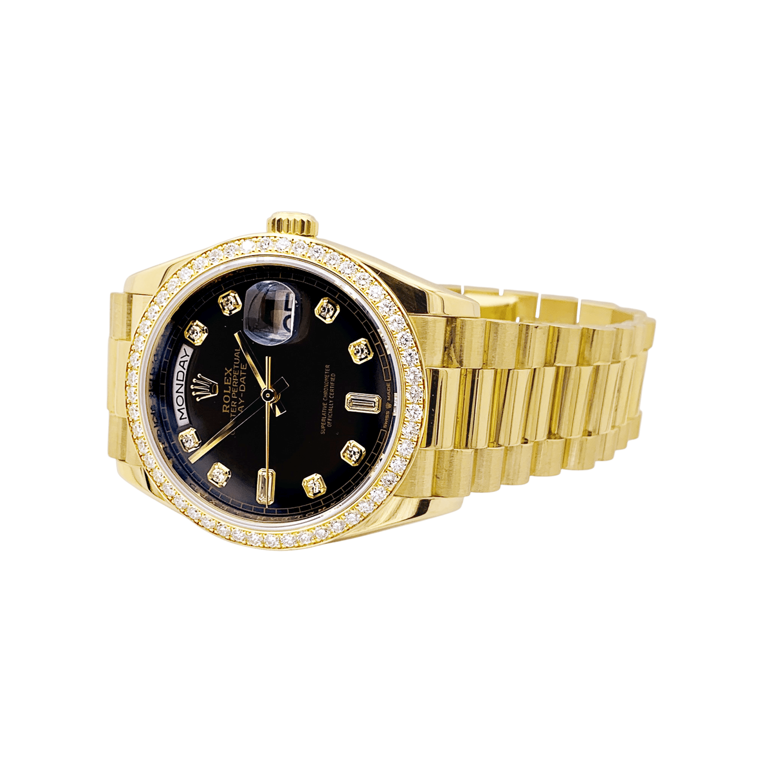 Montre Rolex, "Oyster Perpetual Day-Date", or jaune, diamants.  2