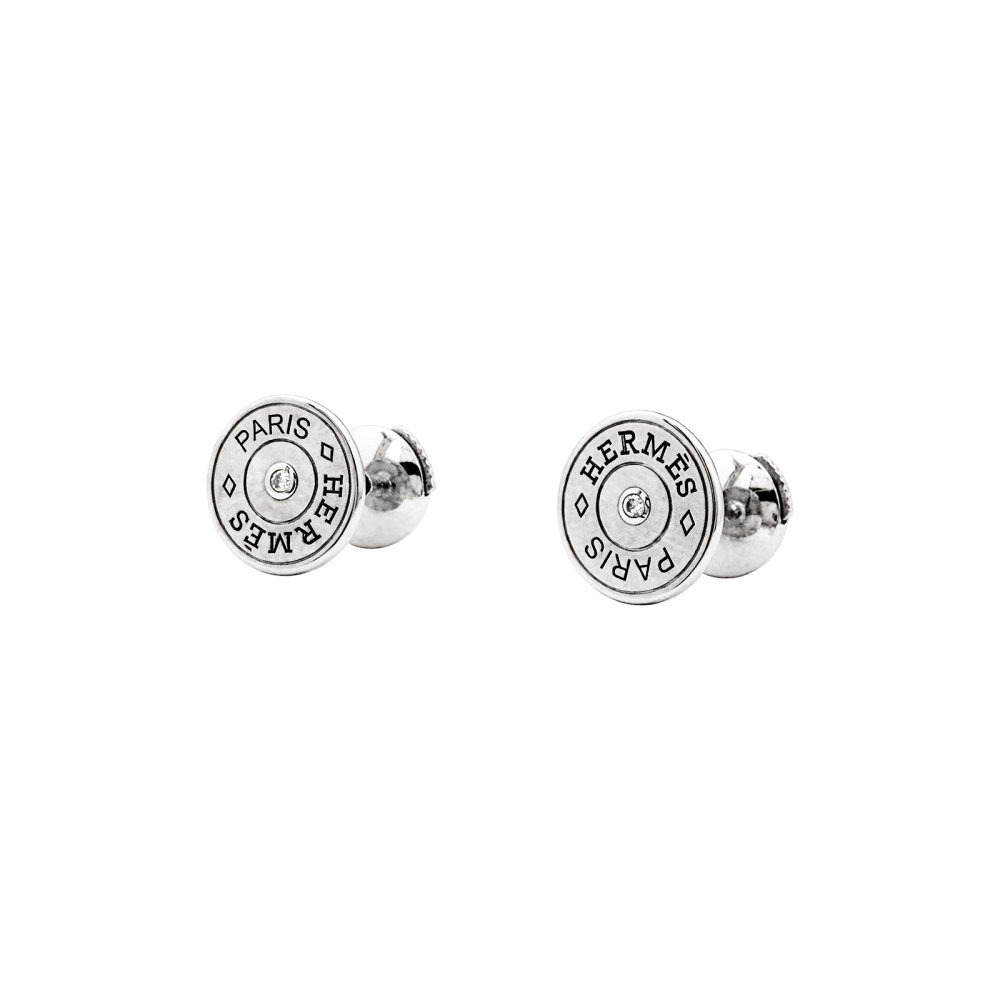 Puces d'oreilles Hermès, "Clou de Selle", or blanc et diamants.  3