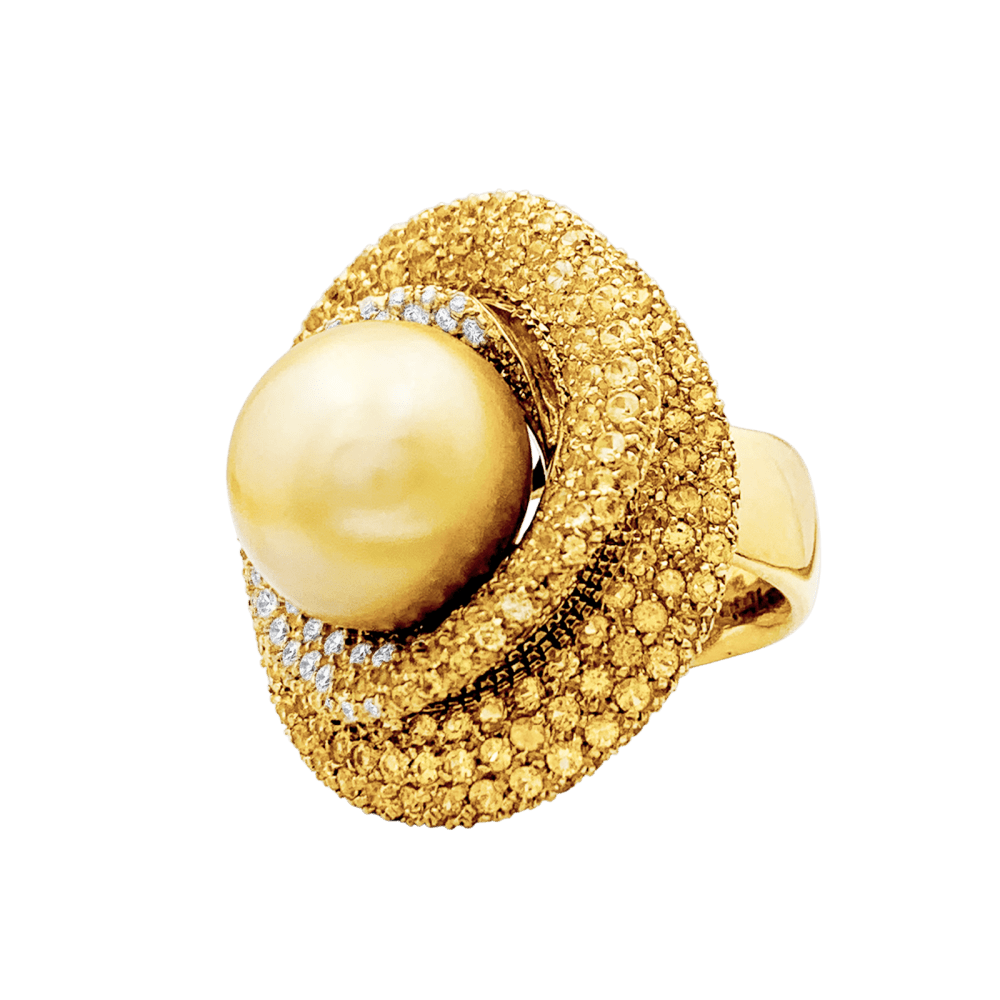 Bague perle gold, diamants blanc, saphirs de couleur, or jaune.  2