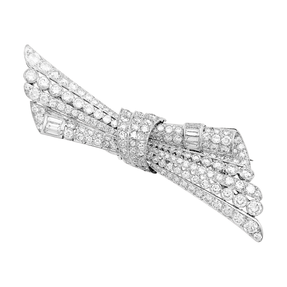 Broche double-clip, "Noeud", or blanc, platine et diamants.  1