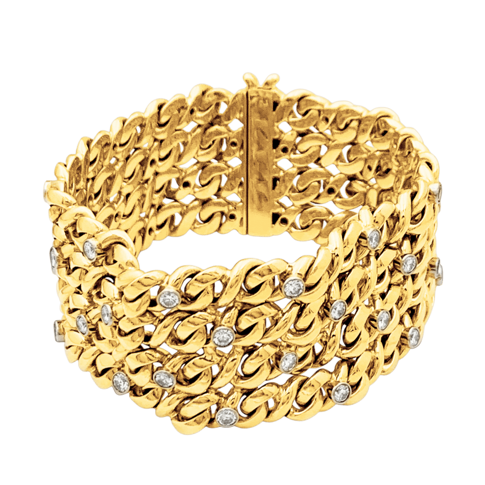Bracelet ruban 4 rangs, or jaune, platine et diamants. 2