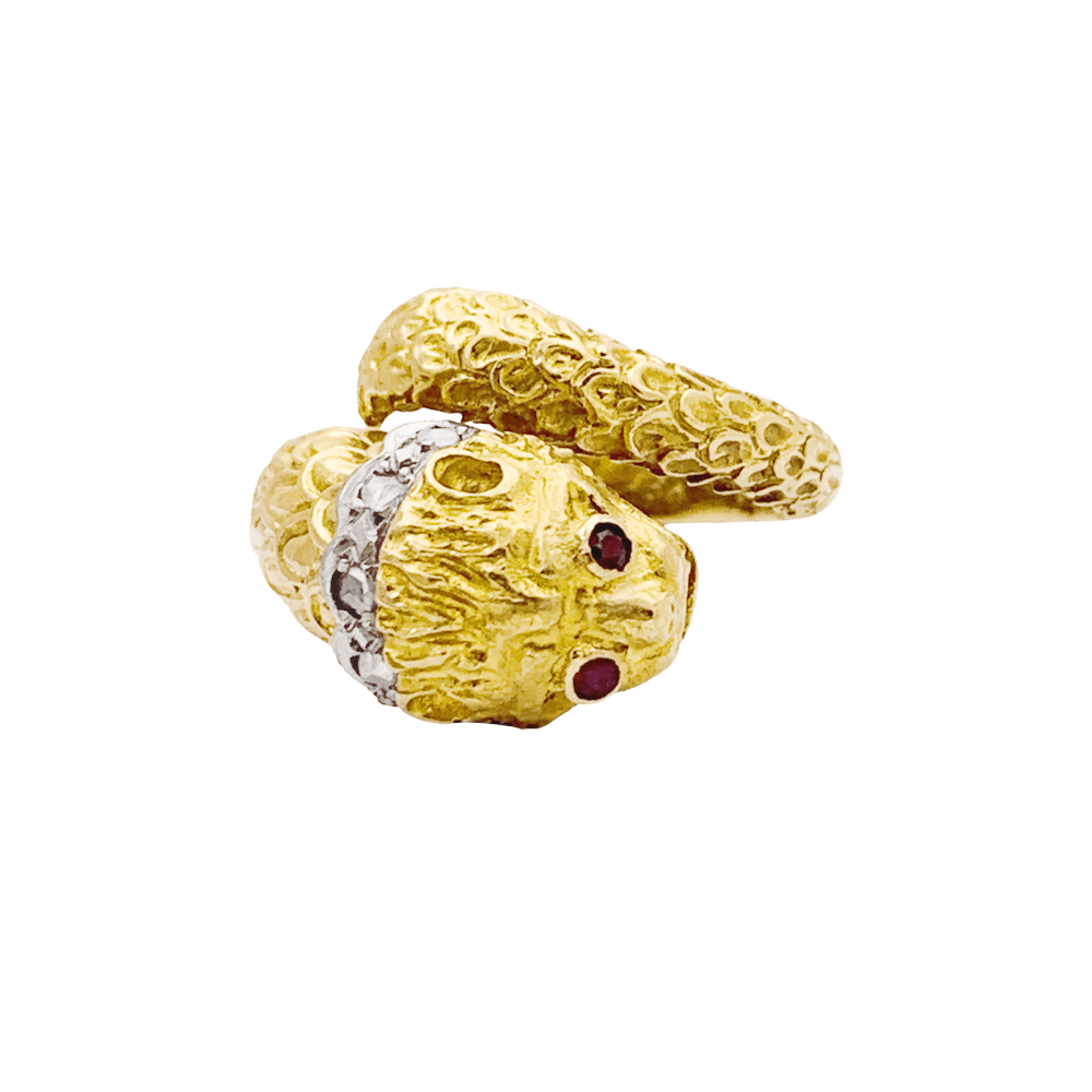 Bague LALAOUNIS, "Animal Head", deux ors, diamants et rubis.  2