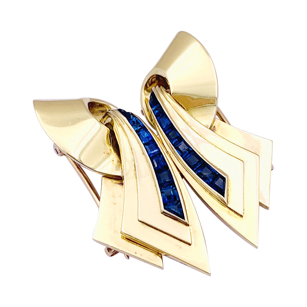 Broche vintage "Ruban" double clips or rose, pierres bleues. 4