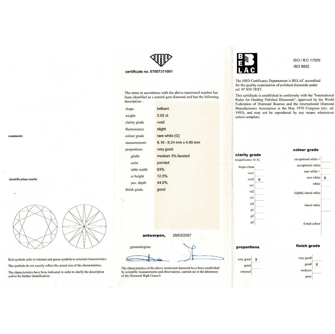 Bague platine avec diamant de 2,02 carats - Certificat HRD 11