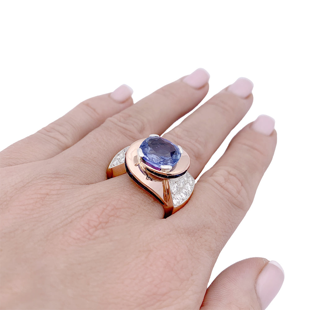 Bague Tank or rose, diamants, saphirs. 1