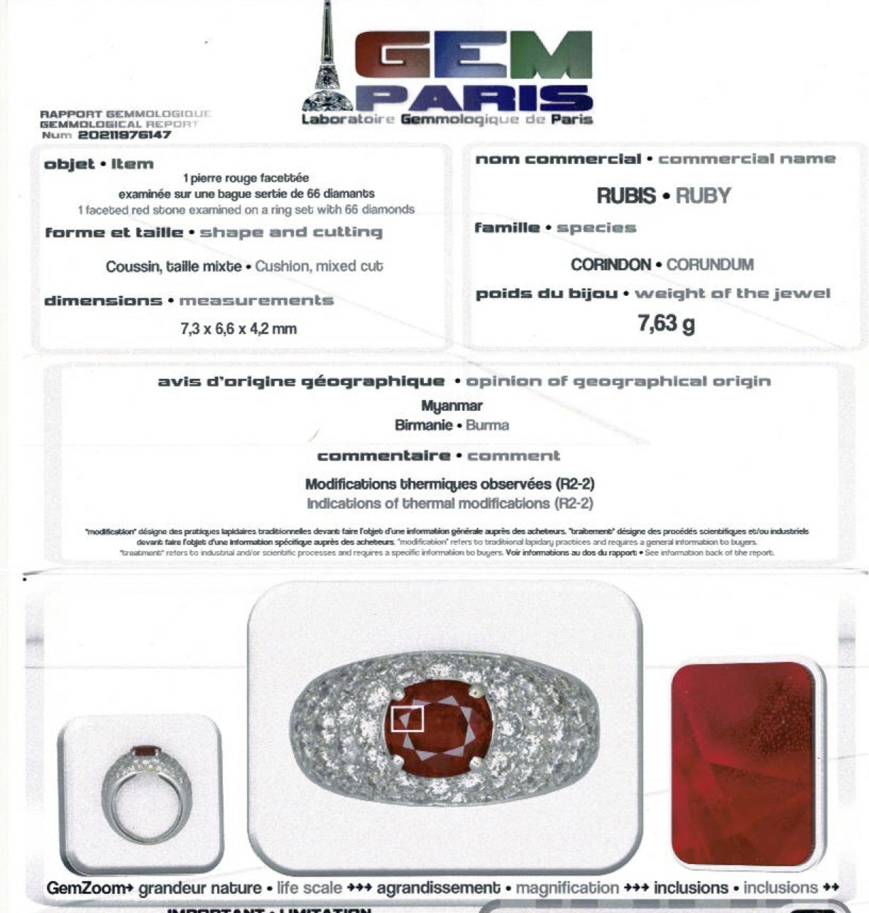 Bague jonc pavage diamant, rubis 1,78 carats. 1