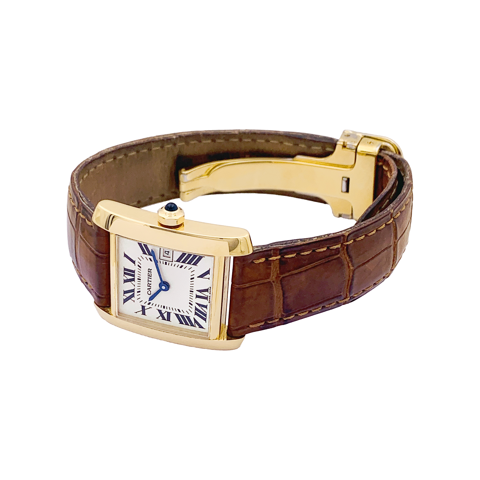 Montre Cartier, "Tank Française", or jaune, cuir. 2