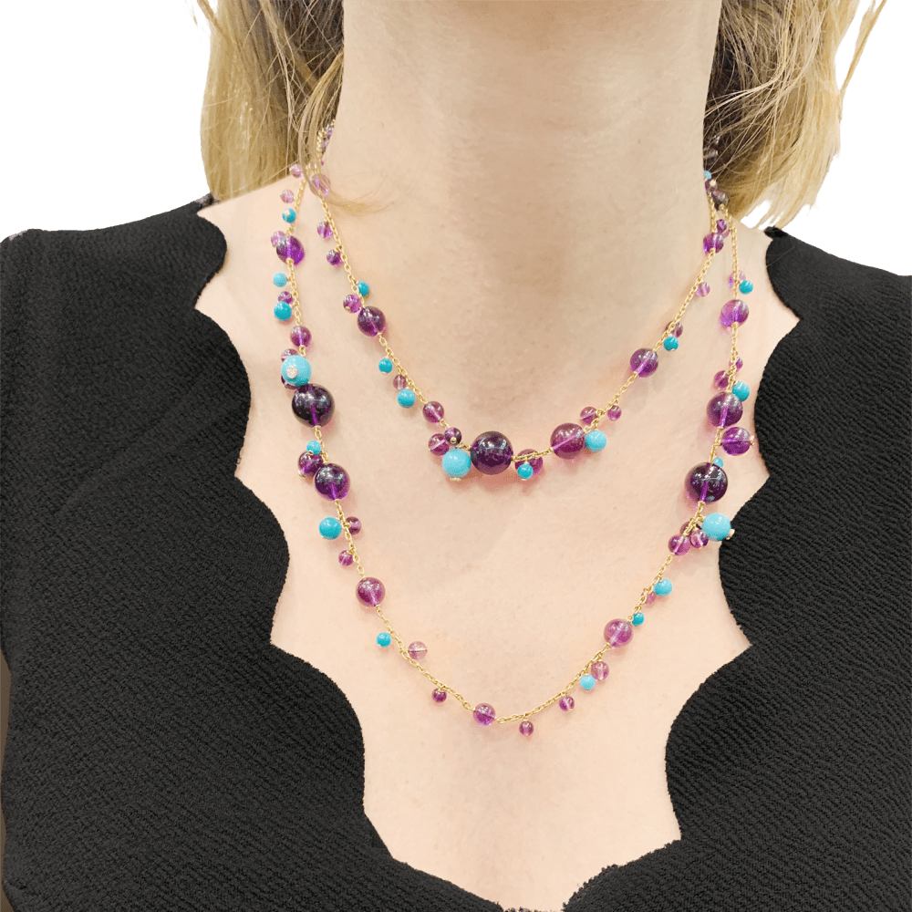 Sautoir Cartier, "Délices de Goa", or rose, améthystes, turquoises et diamants. 5