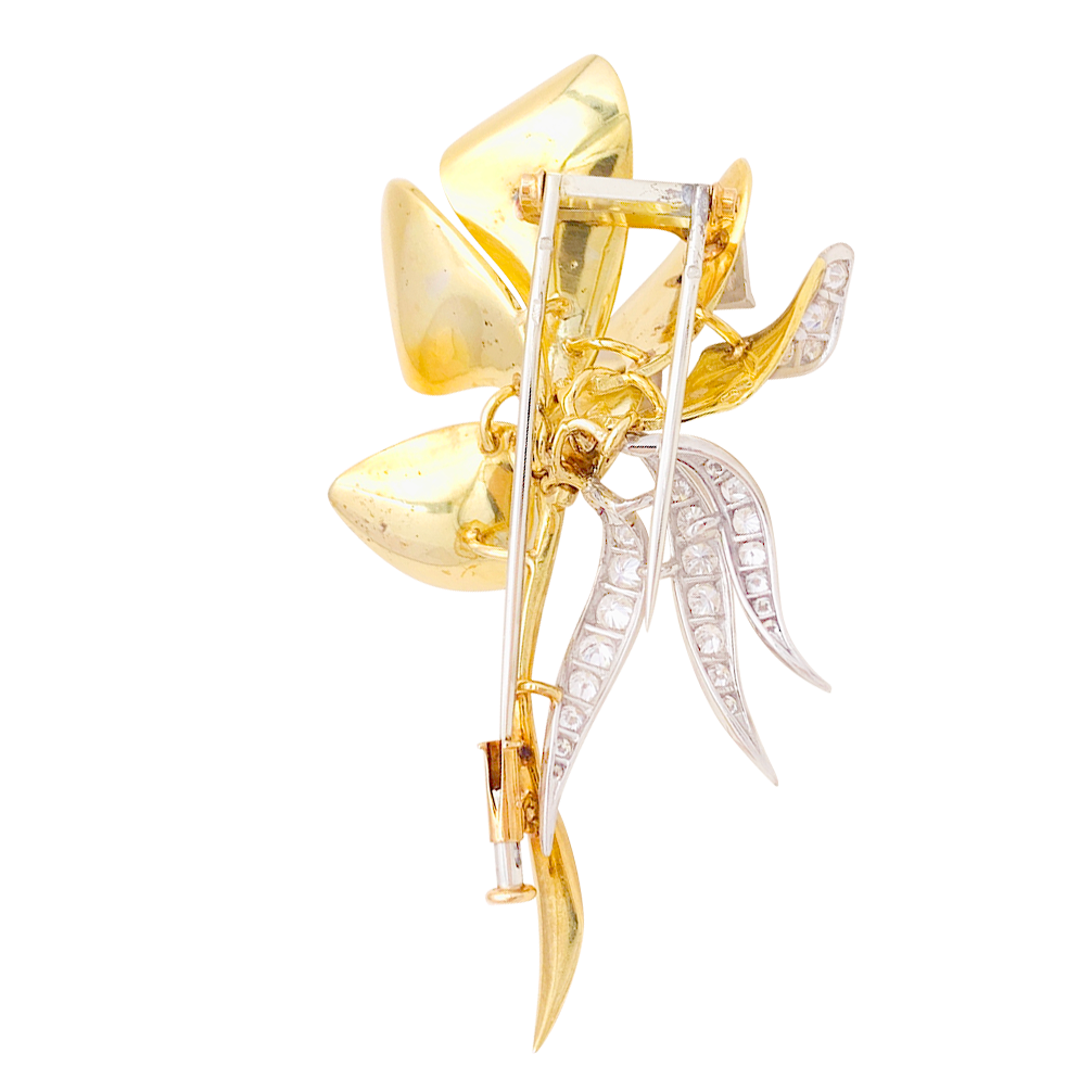 Broche vintage, "Iris", or jaune, platine, diamants. 3