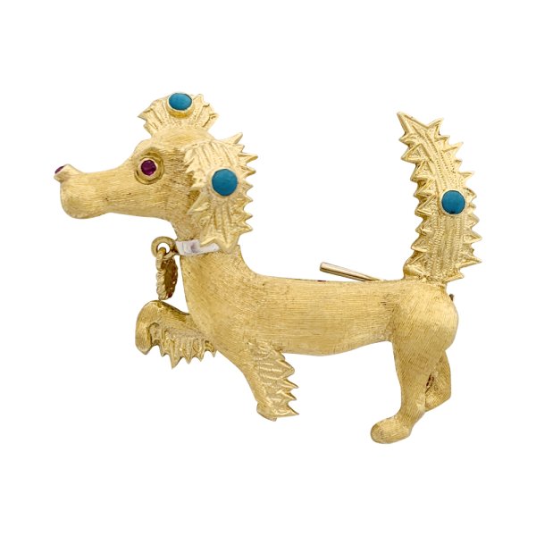 Vintage gold, ruby, turquoise "Dog" brooch.