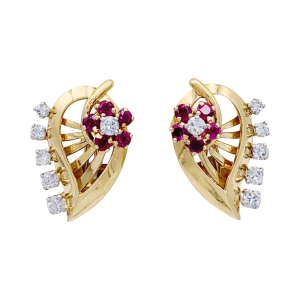 Rose gold, diamonds and rubies "Leaf" earrings.