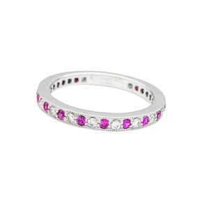 Tiffany platinum wedding ring, diamonds, pink sapphires.
