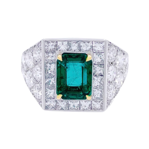 Platinum ring set with an emerald and diamonds.