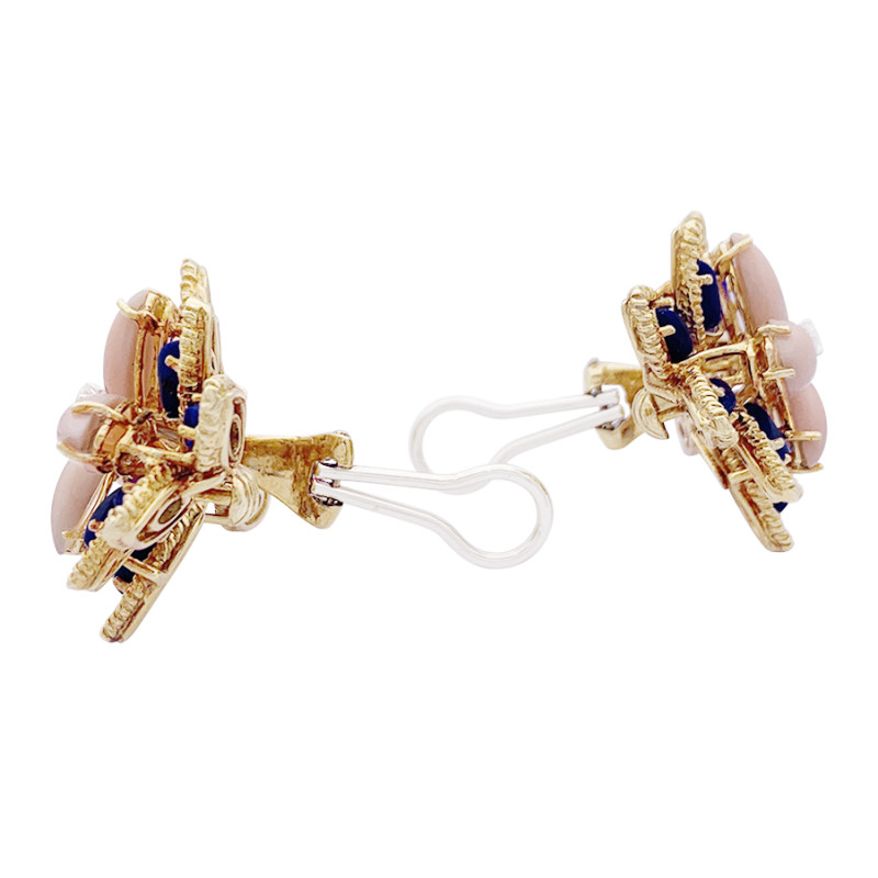 Yellow gold, coral, lapis lazuli, diamonds vintage earrings.