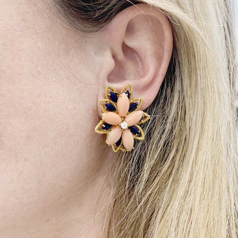 Yellow gold, coral, lapis lazuli, diamonds vintage earrings.