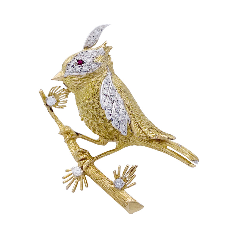 Broche Boucheron, "Oiseau sur sa branche", or jaune, platine.