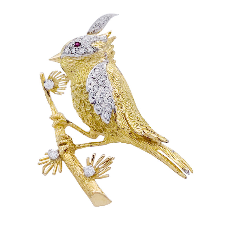 Boucheron gold and platinum "Oiseau sur sa branche" brooch.