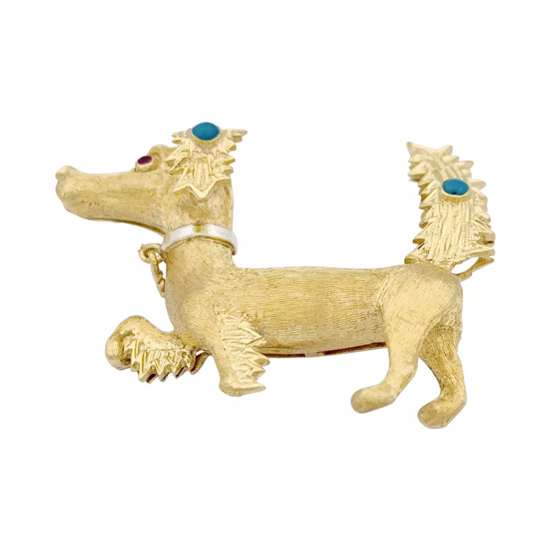 Vintage gold, ruby, turquoise "Dog" brooch.