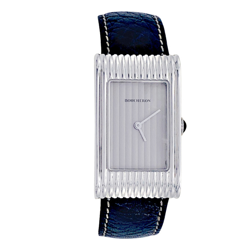 Boucheron steel and leather watch, "Reflet" collection.