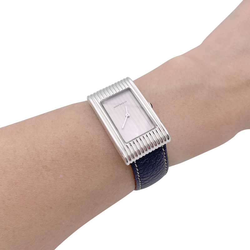 Boucheron steel and leather watch, "Reflet" collection.
