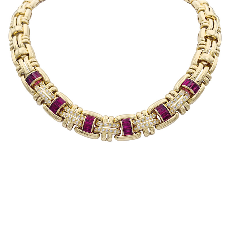 A necklace signed by Maison Wempé, yellow gold, rubies and diamonds.