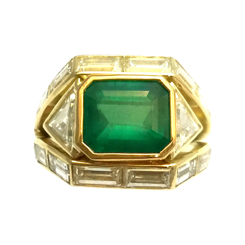 Bague H.Stern, or jaune, émeraude et diamants baguettes.