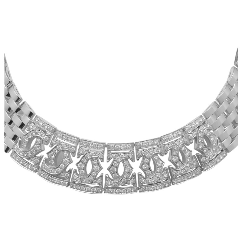 White gold Cartier short necklace double "C", diamonds.