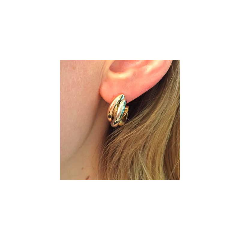 Three colors of gold "Trinity" Cartier earrings. Medium size.