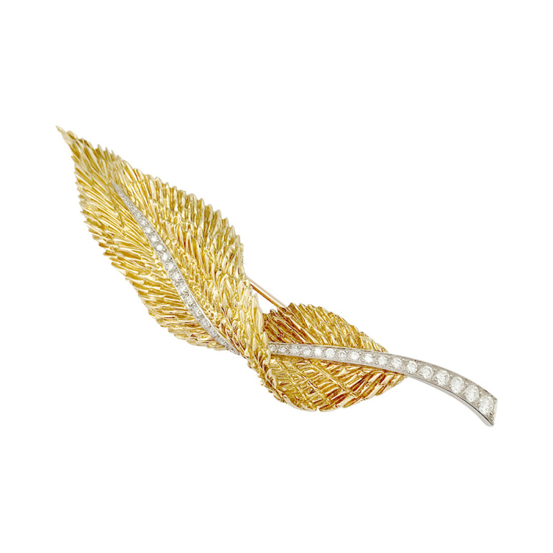 Hermès gold brooch, "Plume", diamonds.