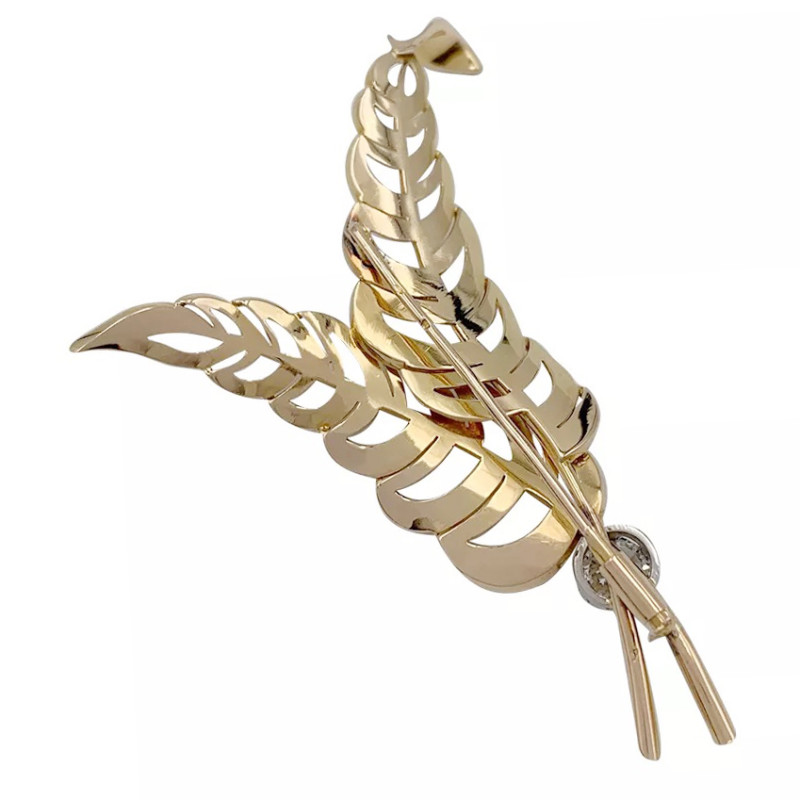 Pink gold and diamond, double leaves brooch.