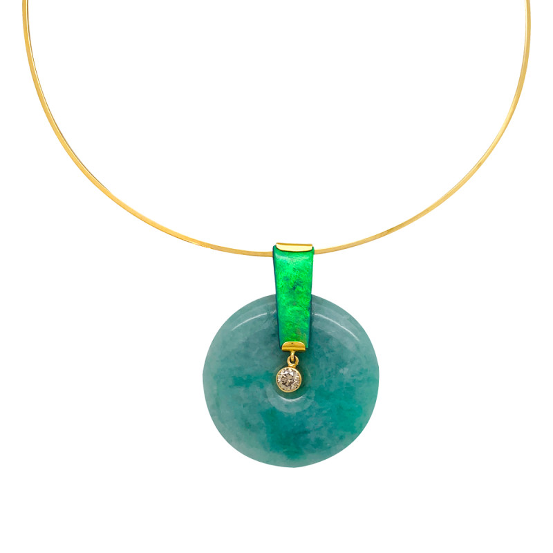 Yellow gold Roland Schad pendant, diamond, jade and opal.